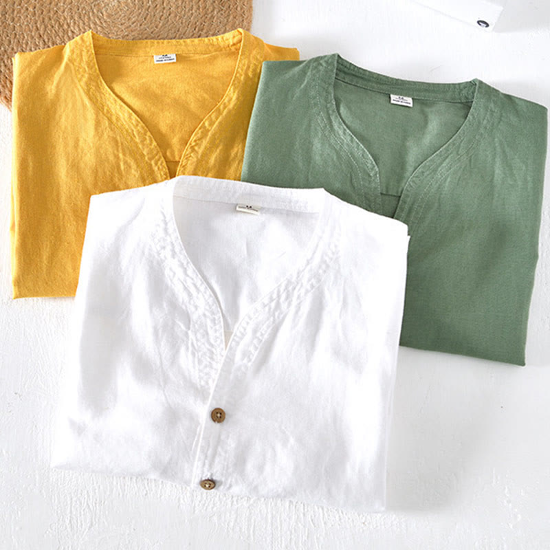 Buddha Stones Summer Stand Collar Short Sleeve Cotton Linen Half Button Men's Shirt - image 19