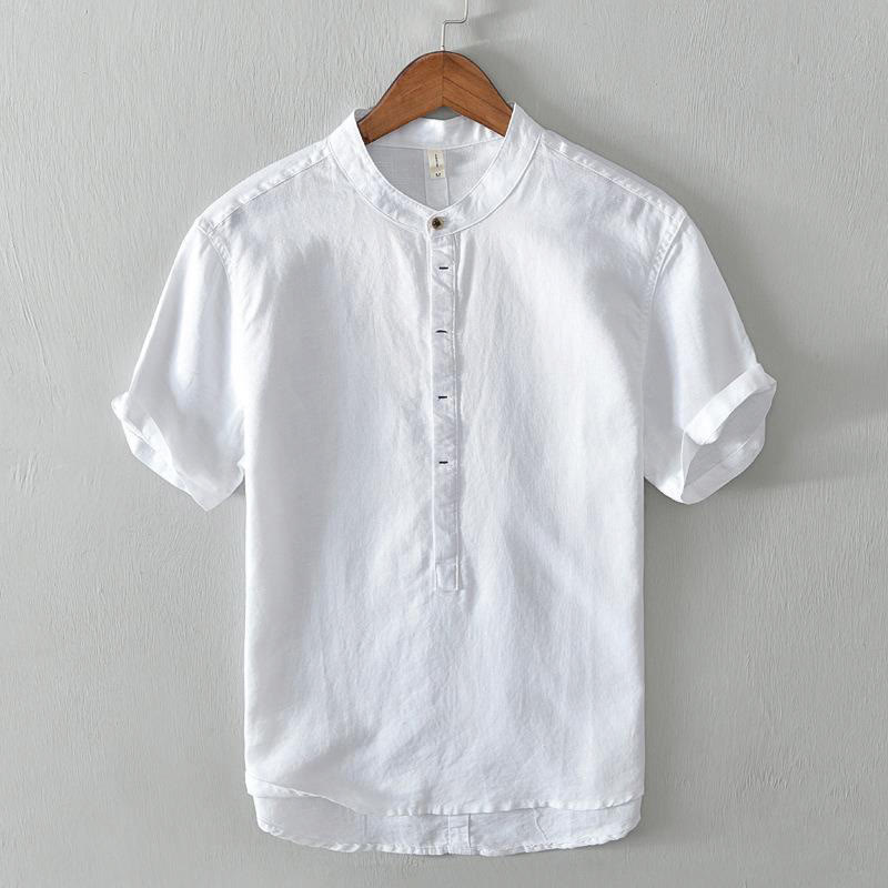 Buddha Stones Causal Simple Design Short Sleeve Cotton Linen Half Button Men's Shirt - White - US/UK/AU44，EU54 (4XL) - image 4