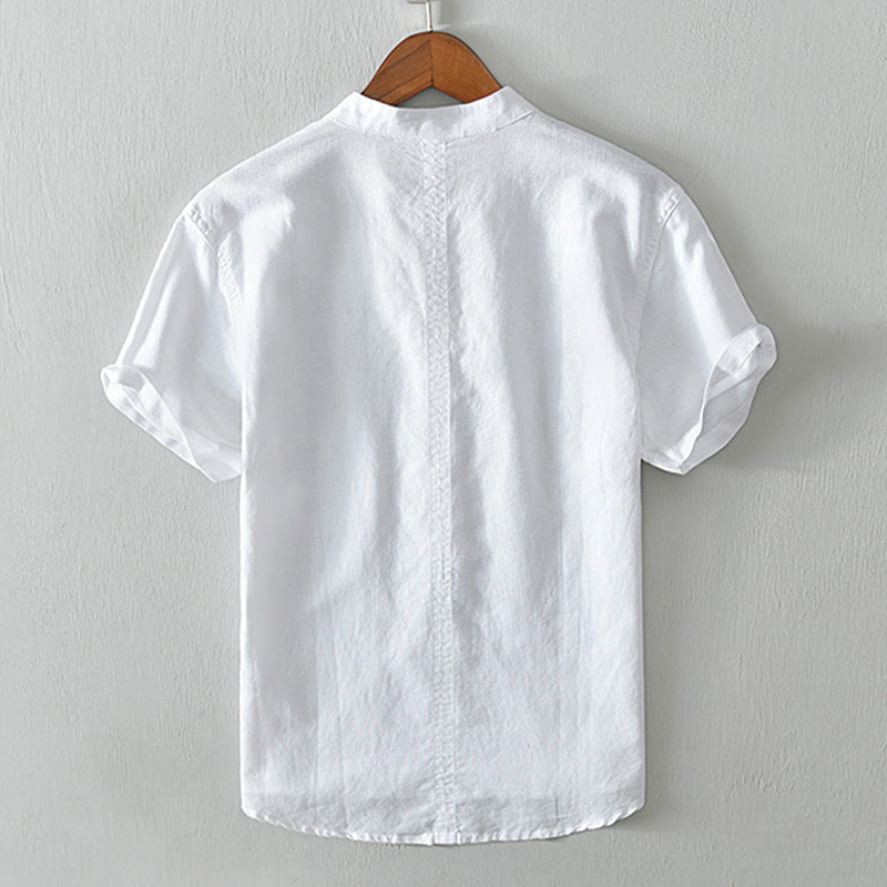 Buddha Stones Causal Simple Design Short Sleeve Cotton Linen Half Button Men's Shirt - image 5