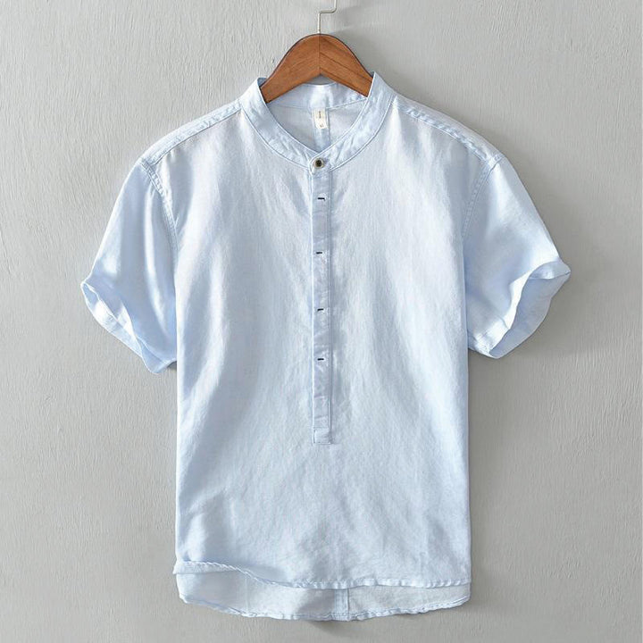 Buddha Stones Causal Simple Design Short Sleeve Cotton Linen Half Button Men's Shirt - LightSkyBlue - US/UK/AU44，EU54 (4XL) - image 9