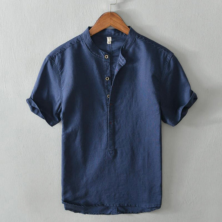 Buddha Stones Causal Simple Design Short Sleeve Cotton Linen Half Button Men's Shirt - DarkBlue - US/UK/AU42，EU52 (4XL) - image 15