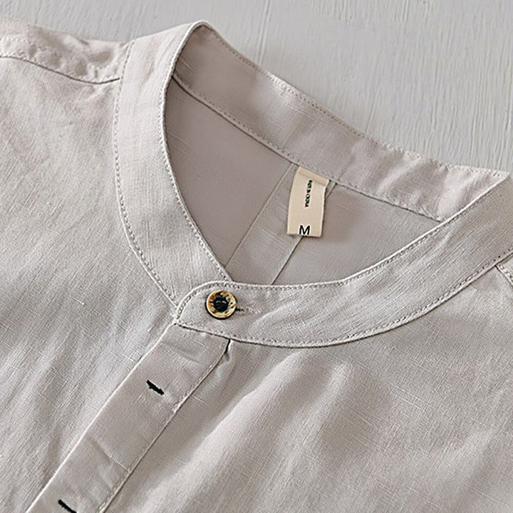 Buddha Stones Causal Simple Design Short Sleeve Cotton Linen Half Button Men's Shirt - image 1