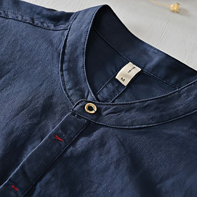 Buddha Stones Causal Simple Design Short Sleeve Cotton Linen Half Button Men's Shirt - image 16