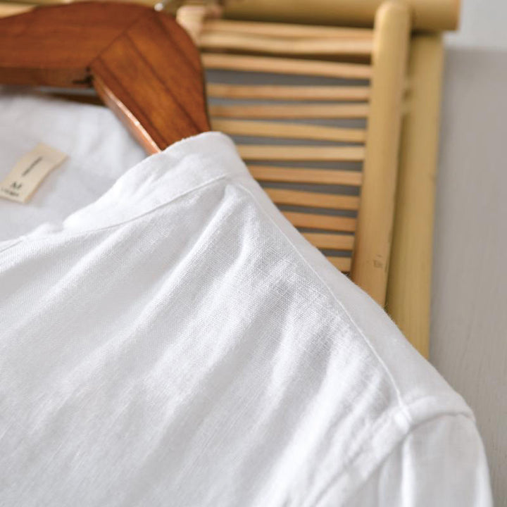 Buddha Stones Daily Solid Color Stand Collar Half Sleeve Linen Half Button Men's Shirt - image 7