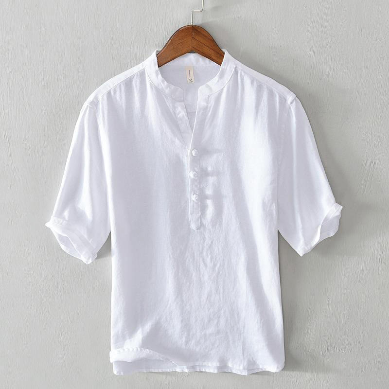 Buddha Stones Daily Solid Color Stand Collar Half Sleeve Linen Half Button Men's Shirt - White - US/UK/AU42，EU52 (3XL) - image 6