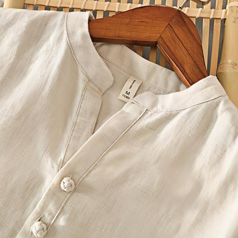 Buddha Stones Daily Solid Color Stand Collar Half Sleeve Linen Half Button Men's Shirt - image 3