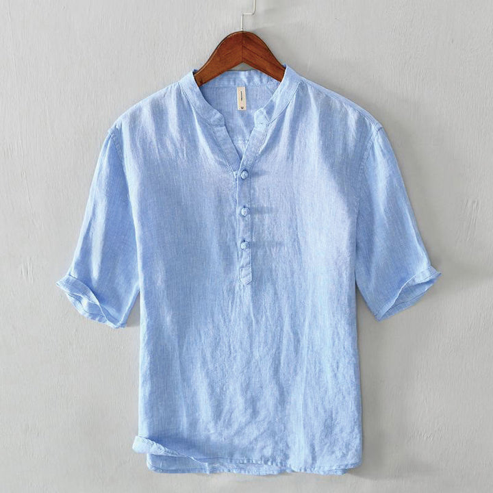 Buddha Stones Daily Solid Color Stand Collar Half Sleeve Linen Half Button Men's Shirt - CornflowerBlue - US/UK/AU42，EU52 (3XL) - image 12