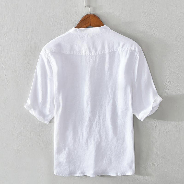 Buddha Stones Daily Solid Color Stand Collar Half Sleeve Linen Half Button Men's Shirt - image 6