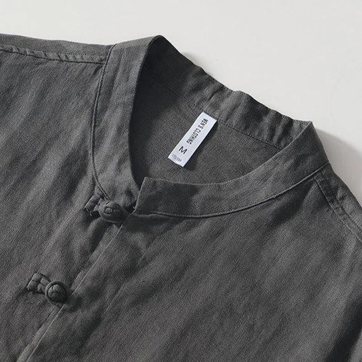 Buddha Stones Daily Frog-Button Stand Collar Short Sleeve Linen Men's Shirt - image 3