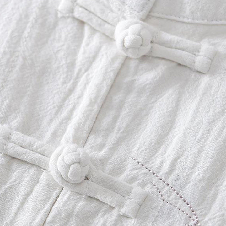 Buddha Stones Frog-button Mandarin Collar Embroidery Cotton Linen Short Sleeve Men's Shirt