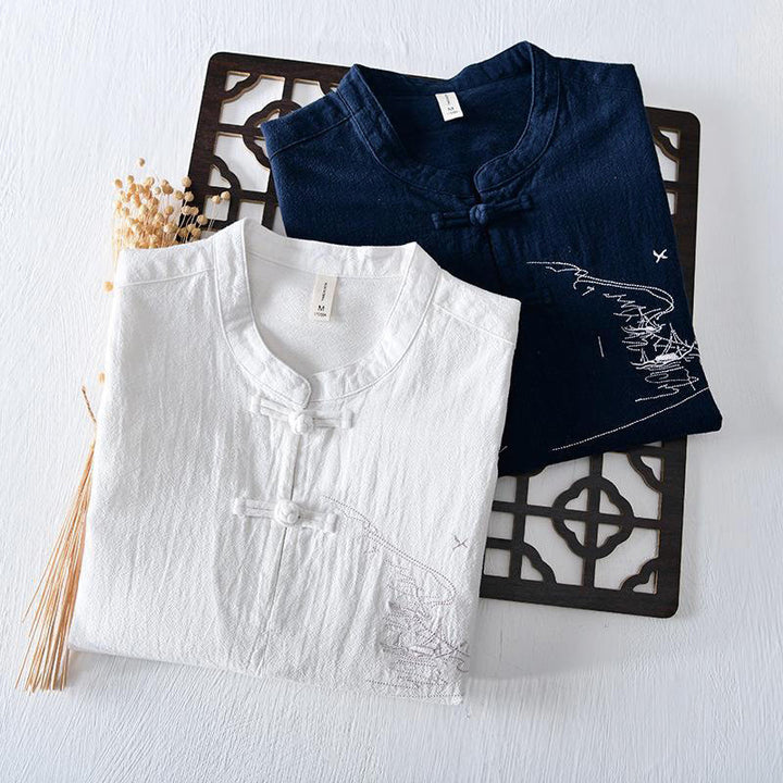 Buddha Stones Frog-button Mandarin Collar Embroidery Cotton Linen Short Sleeve Men's Shirt - image 19