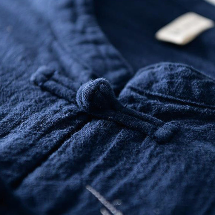 Buddha Stones Frog-button Mandarin Collar Embroidery Cotton Linen Short Sleeve Men's Shirt - image 2