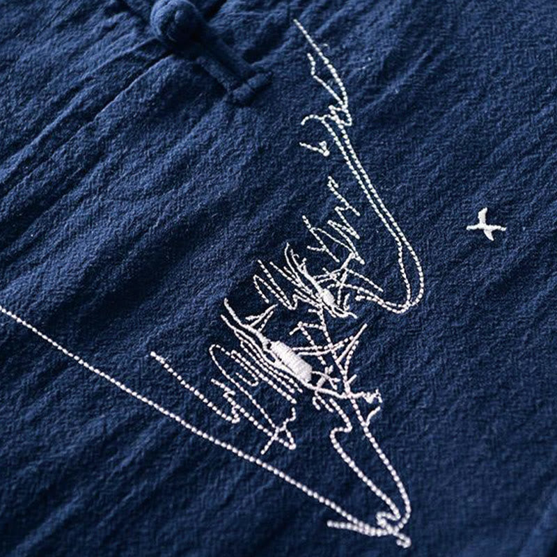 Buddha Stones Frog-button Mandarin Collar Embroidery Cotton Linen Short Sleeve Men's Shirt - image 3