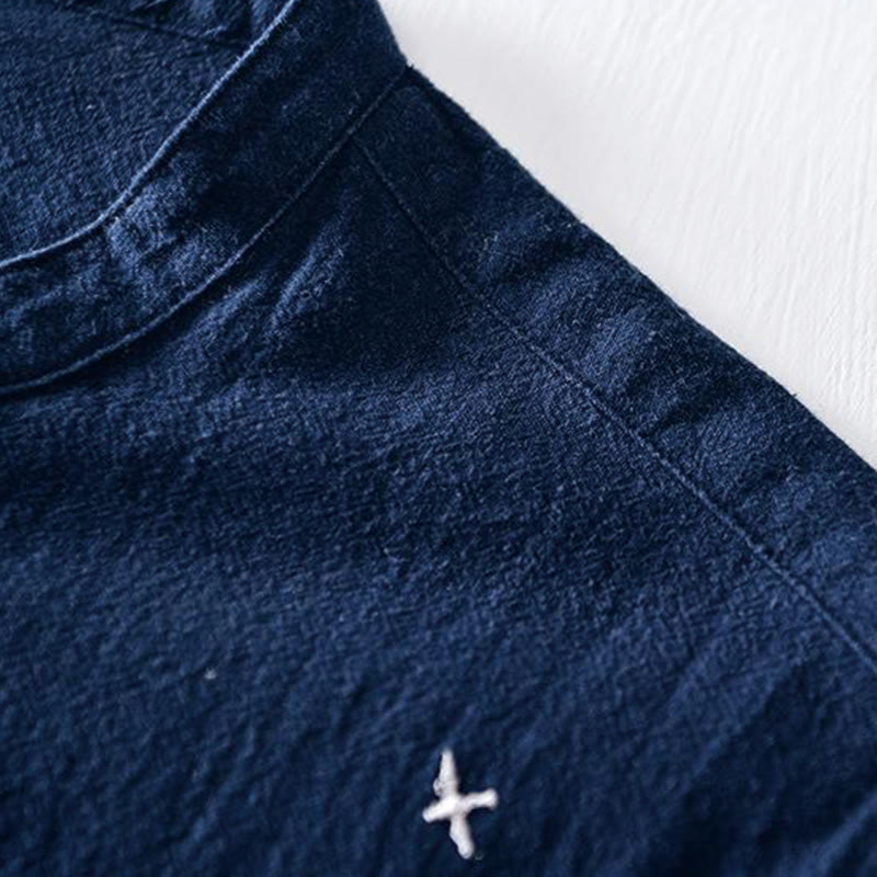 Buddha Stones Frog-button Mandarin Collar Embroidery Cotton Linen Short Sleeve Men's Shirt - image 4