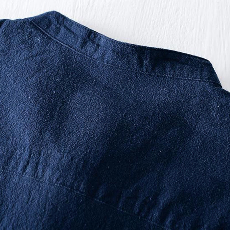 Buddha Stones Frog-button Mandarin Collar Embroidery Cotton Linen Short Sleeve Men's Shirt - image 5