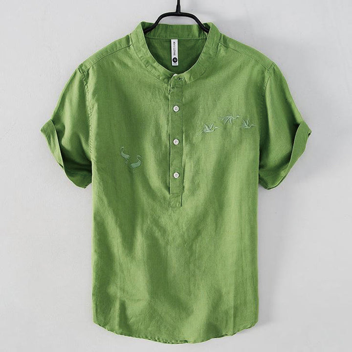 Buddha Stones Soft Embroidery Crane Pattern Stand Collar Cotton Linen Half Button Men's Shirt - LimeGreen - US/UK/AU42，EU52 (3XL) - image 9