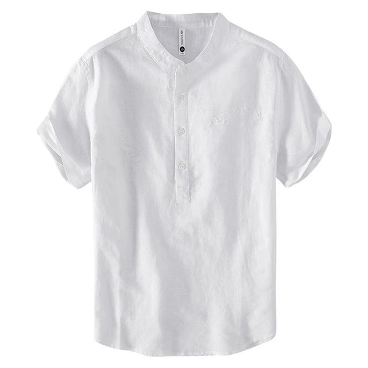 Buddha Stones Soft Embroidery Crane Pattern Stand Collar Cotton Linen Half Button Men's Shirt - image 8