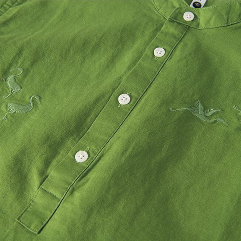 Buddha Stones Soft Embroidery Crane Pattern Stand Collar Cotton Linen Half Button Men's Shirt