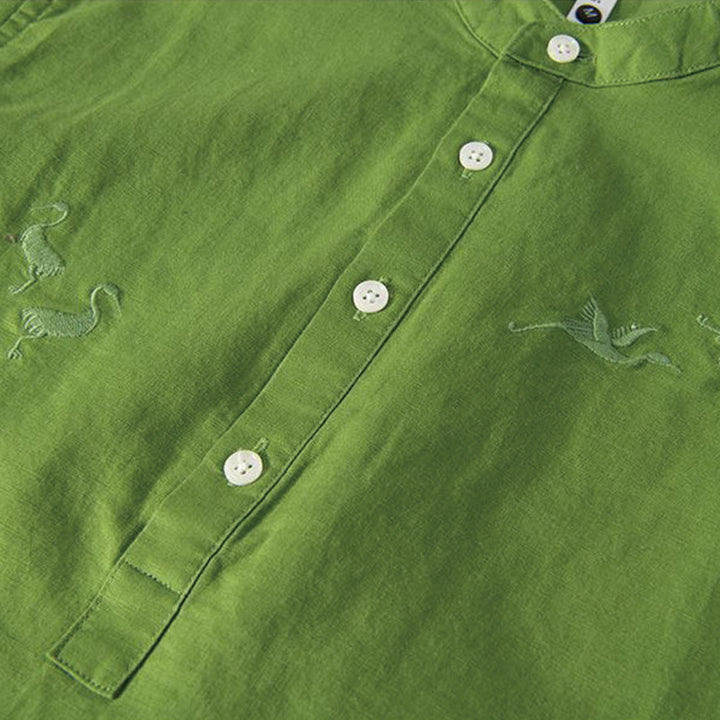 Buddha Stones Soft Embroidery Crane Pattern Stand Collar Cotton Linen Half Button Men's Shirt