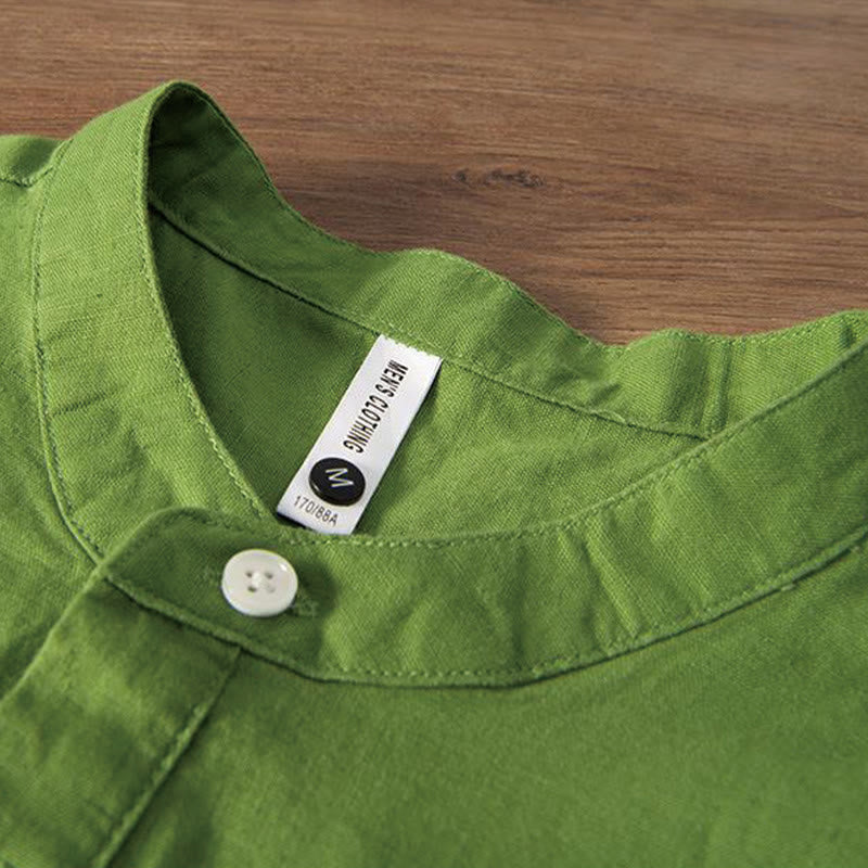 Buddha Stones Soft Embroidery Crane Pattern Stand Collar Cotton Linen Half Button Men's Shirt - image 10