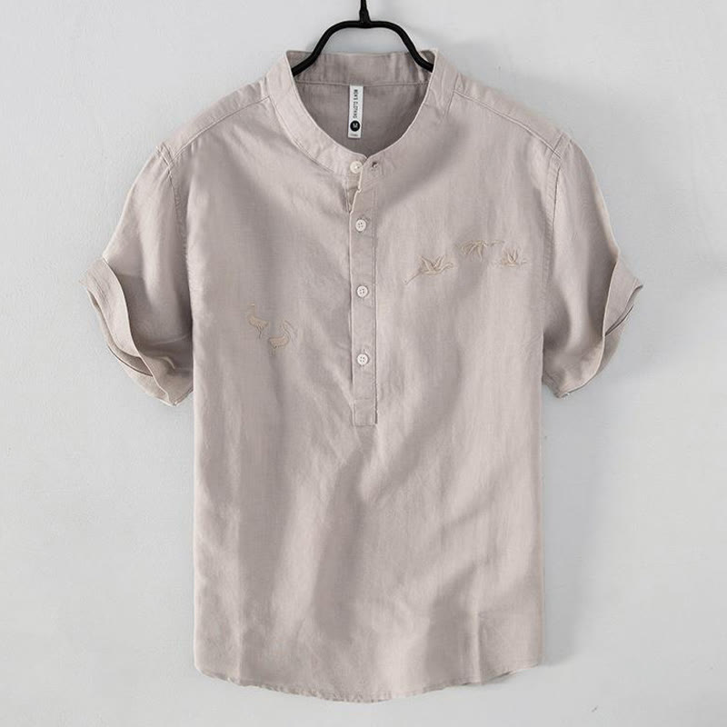 Buddha Stones Soft Embroidery Crane Pattern Stand Collar Cotton Linen Half Button Men's Shirt - RosyBrown - US/UK/AU42，EU52 (3XL) - image 0