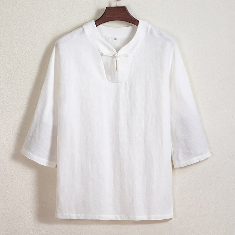Buddha Stones White Frog-button Linen Three Quarter Sleeve Men's Shirt - White - US/UK/AU44，EU54 (4XL) - image 0