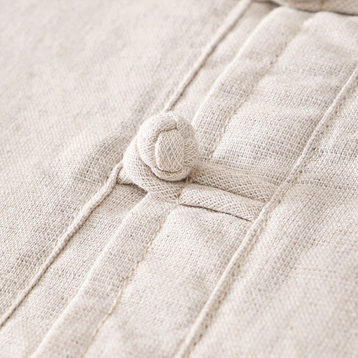 Buddha Stones Soft Plain Frog-button Crew Neck Cotton Linen Half Button Men's Shirt - image 2