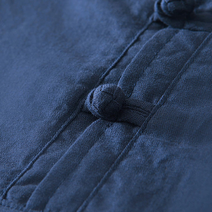 Buddha Stones Soft Plain Frog-button Crew Neck Cotton Linen Half Button Men's Shirt - image 8