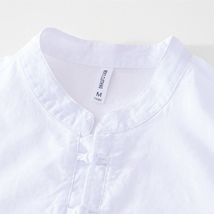 Buddha Stones Soft Plain Frog-button Crew Neck Cotton Linen Half Button Men's Shirt - image 16