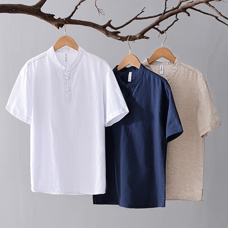 Buddha Stones Soft Plain Frog-button Crew Neck Cotton Linen Half Button Men's Shirt - image 22