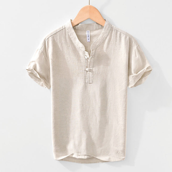 Buddha Stones Soft Plain Frog-button Crew Neck Cotton Linen Half Button Men's Shirt