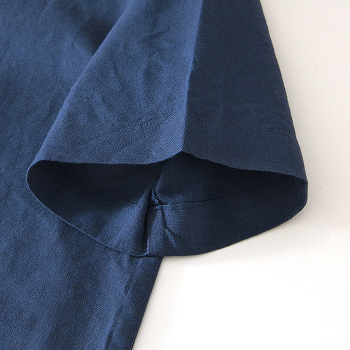 Buddha Stones Soft Plain Frog-button Crew Neck Cotton Linen Half Button Men's Shirt - image 9