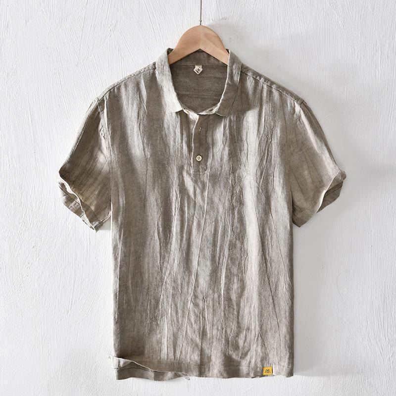 Buddha Stones Simple Design Short Sleeve Lapel Linen Half Button Men's Shirt - DarkKhaki - US/UK/AU42，EU52 (3XL) - image 0