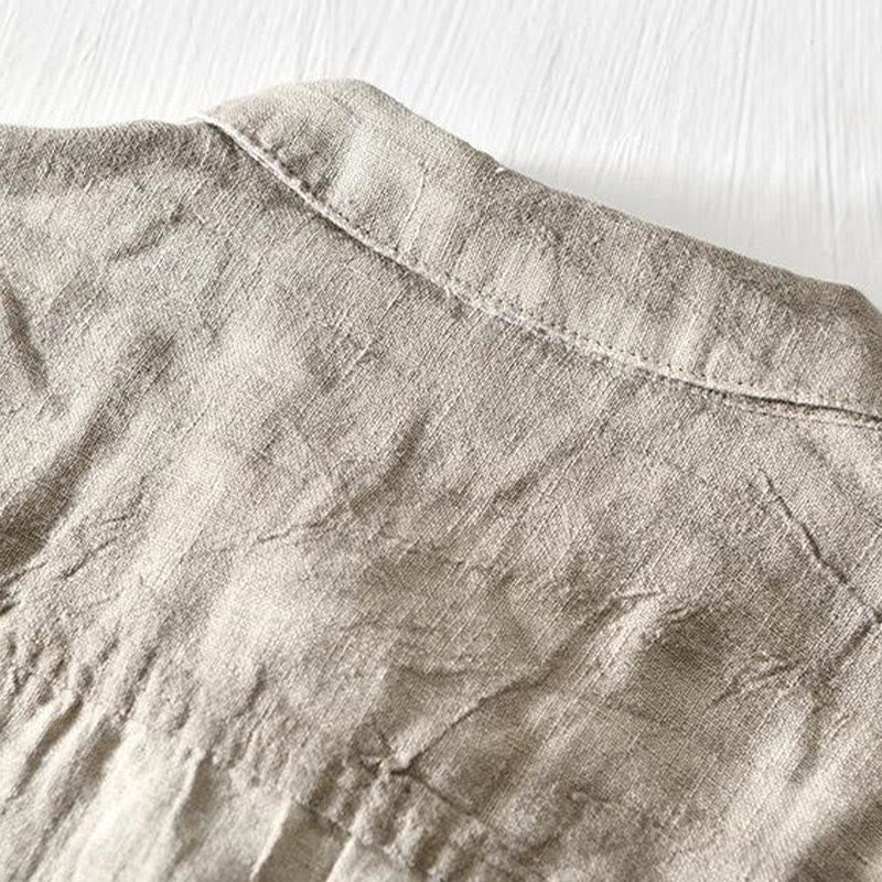Buddha Stones Simple Design Short Sleeve Lapel Linen Half Button Men's Shirt - image 2