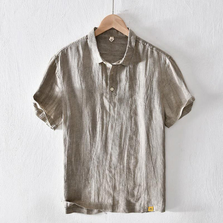 Buddha Stones Simple Design Short Sleeve Lapel Linen Half Button Men's Shirt - DarkKhaki - US/UK/AU42，EU52 (3XL) - image 0