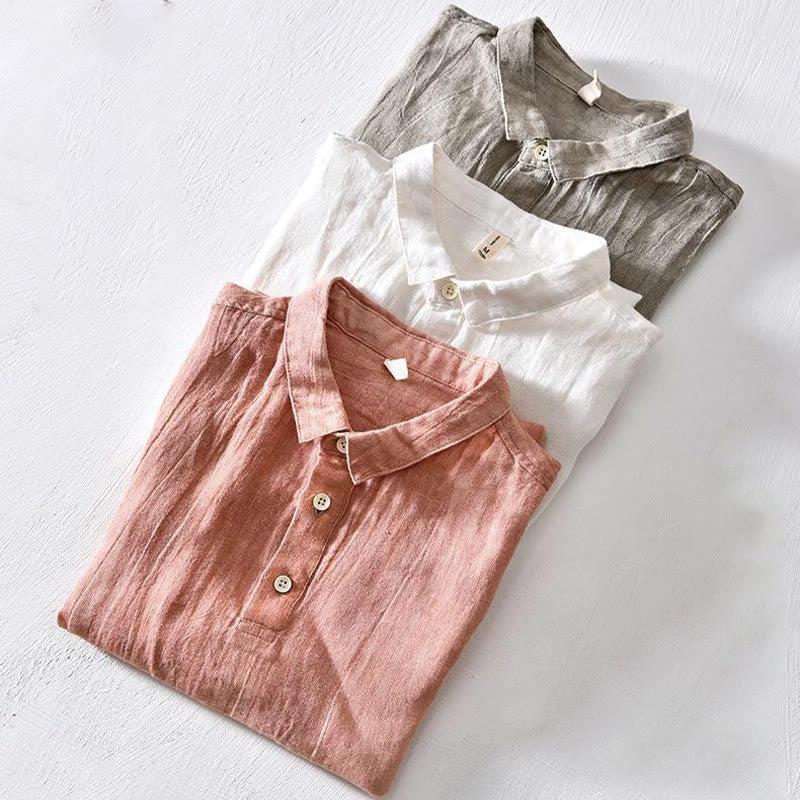 Buddha Stones Simple Design Short Sleeve Lapel Linen Half Button Men's Shirt - image 16
