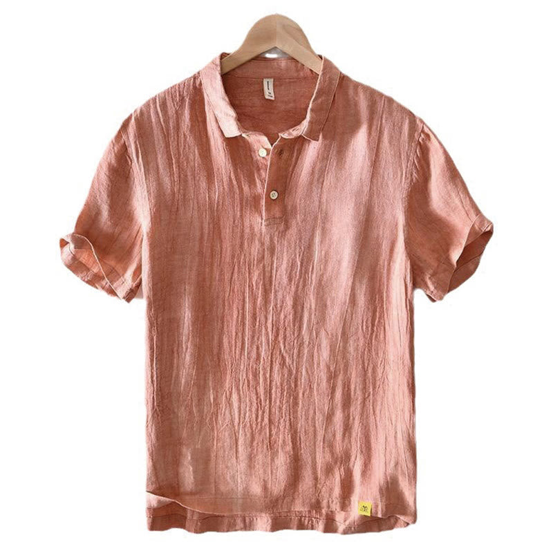 Buddha Stones Simple Design Short Sleeve Lapel Linen Half Button Men's Shirt - image 12