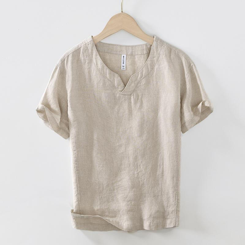 Buddha Stones Casual Plain V-neck Short Sleeve Linen Men's Shirt - PaleGoldenrod - US/UK/AU42，EU52 (3XL) - image 0