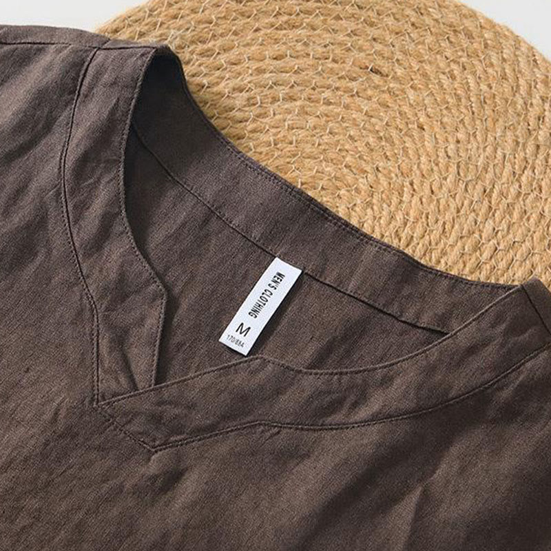Buddha Stones Casual Plain V-neck Short Sleeve Linen Men's Shirt - image 7