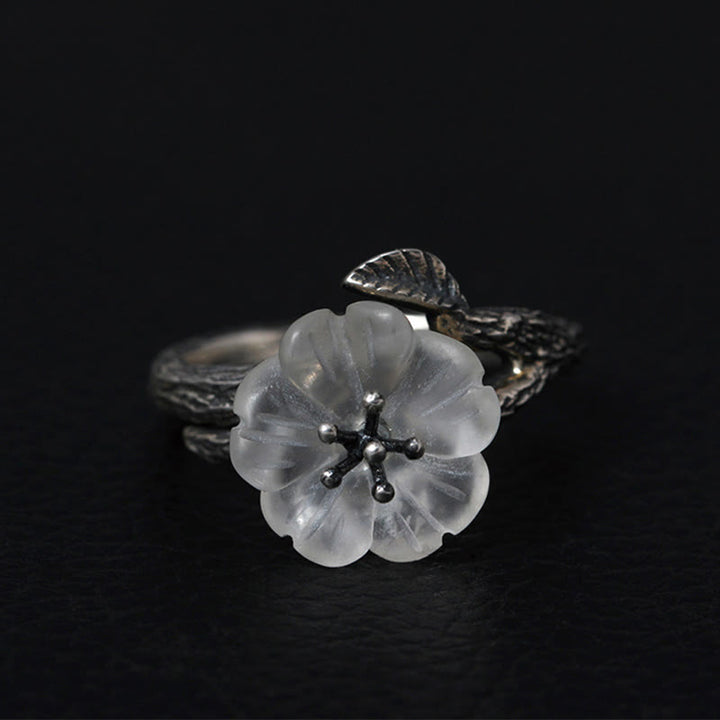 Buddha Stones 925 Sterling Silver White Crystal Skeleton Flower Adjustable Healing Ring - Retro Style(Inner Diameter 17.5mm) - image 9