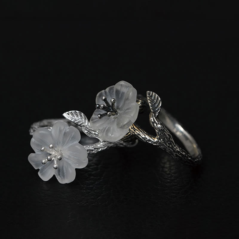 Buddha Stones 925 Sterling Silver White Crystal Skeleton Flower Adjustable Healing Ring - image 12