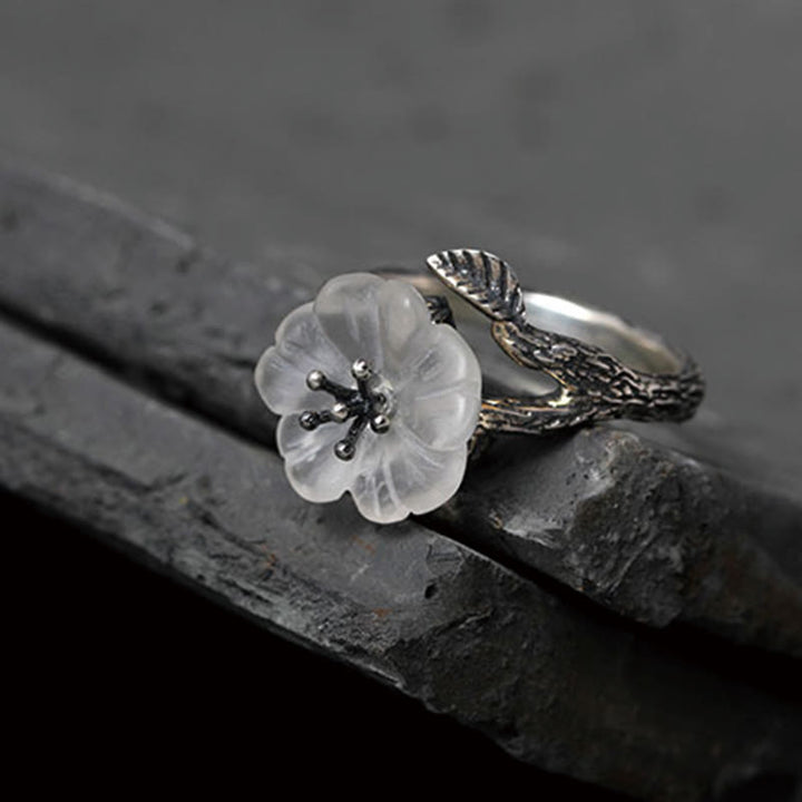 Buddha Stones 925 Sterling Silver White Crystal Skeleton Flower Adjustable Healing Ring - image 10