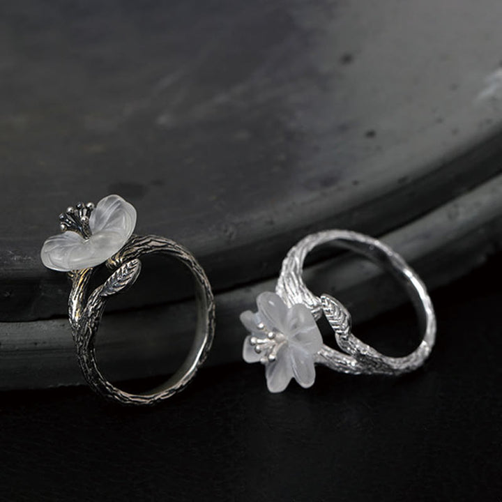 Buddha Stones 925 Sterling Silver White Crystal Skeleton Flower Adjustable Healing Ring - image 11