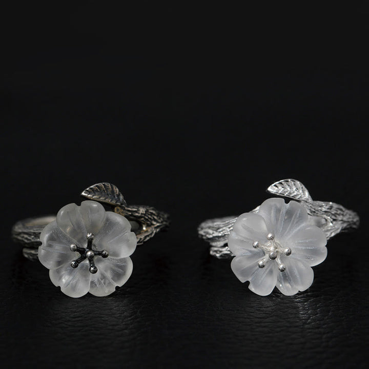 Buddha Stones 925 Sterling Silver White Crystal Skeleton Flower Adjustable Healing Ring - image 1