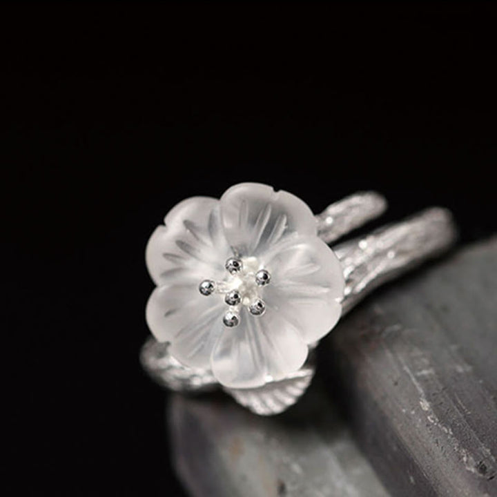 Buddha Stones 925 Sterling Silver White Crystal Skeleton Flower Adjustable Healing Ring - image 4