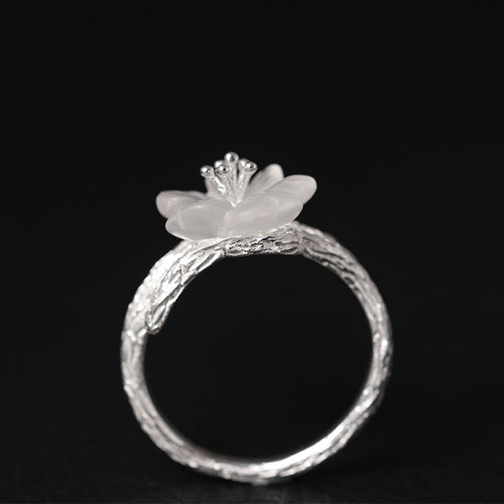 Buddha Stones 925 Sterling Silver White Crystal Skeleton Flower Adjustable Healing Ring - image 5