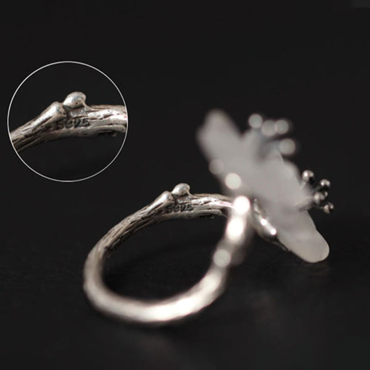 Buddha Stones 925 Sterling Silver White Crystal Double Plum Blossom Flower Adjustable Protection Ring - image 10