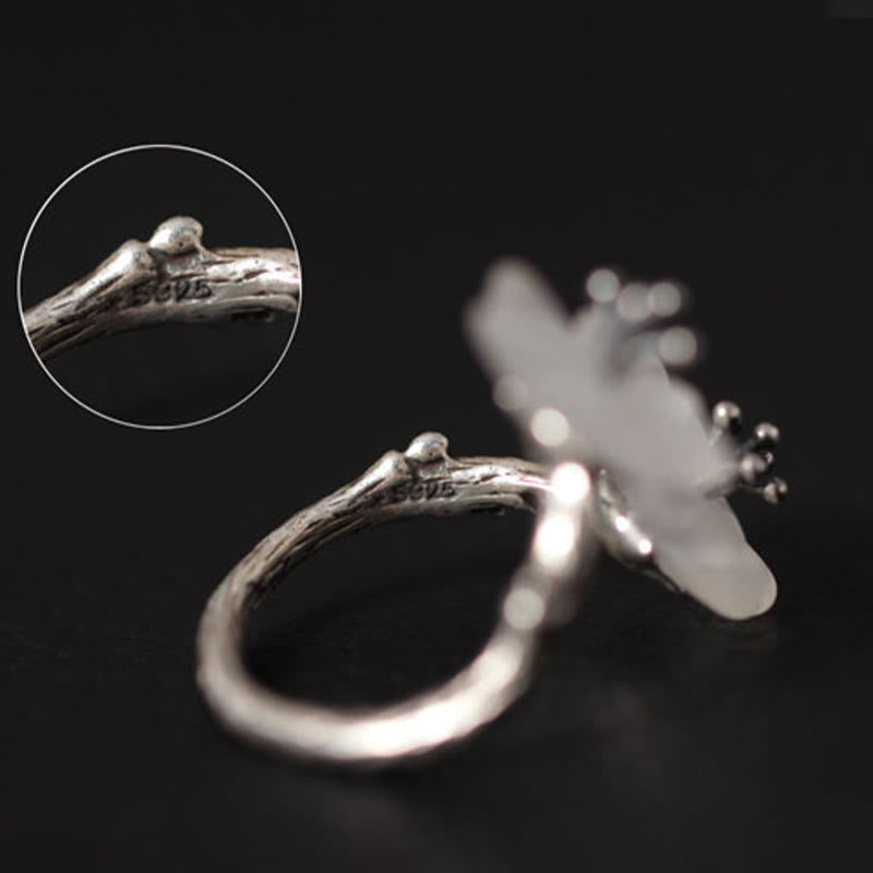 Buddha Stones 925 Sterling Silver White Crystal Double Plum Blossom Flower Adjustable Protection Ring - image 10