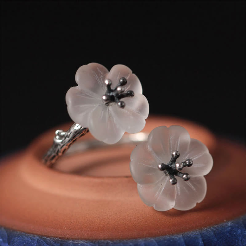 Buddha Stones 925 Sterling Silver White Crystal Double Plum Blossom Flower Adjustable Protection Ring - image 11