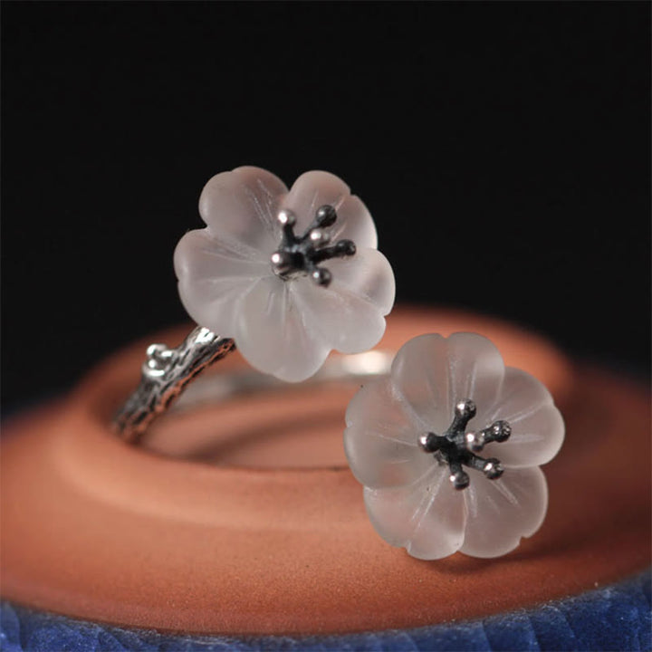 Buddha Stones 925 Sterling Silver White Crystal Double Plum Blossom Flower Adjustable Protection Ring - image 11
